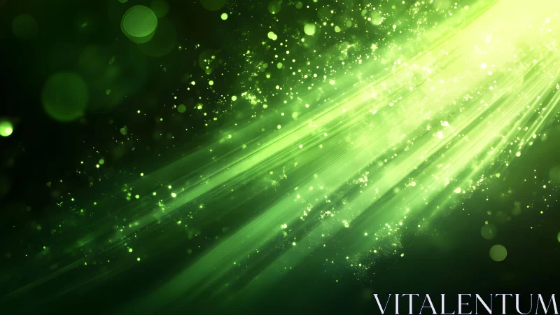 Abstract green light rays with glowing particles in digital art style.