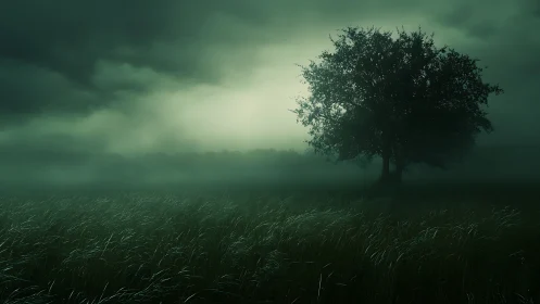 Lone midnight tree stands watch over a restless green field