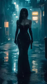 Noir-illuminated assassin in rain-soaked alleyway tableau.