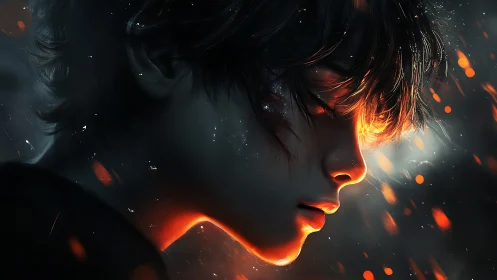 Side profile of young person lit by glowing embers.