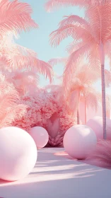 Pink surreal palm garden with large glossy spheres at dusk.