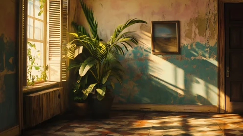 Sunlit tropical foliage in weathered interior light study.