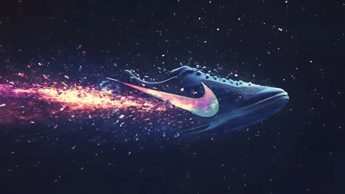 Athletic running shoe streaks through cosmic particle field
