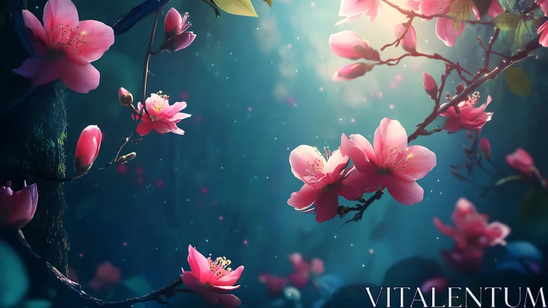 Pink cherry blossoms rendered in digital 3D with ethereal light.