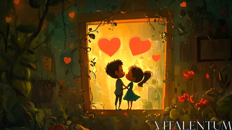 Two Children Kiss Through Window Framed by Glowing Hearts