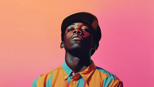 Stylized portrait in bold colors against gradient sky.