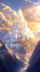 Luminescent citadel ascends above glacial peaks in ethereal light