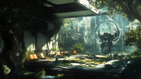 Overgrown futuristic courtyard with dormant ring machine.