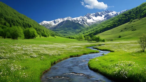 Alpine fluvial meadow under snowcapped ridgeline in clear daylight.