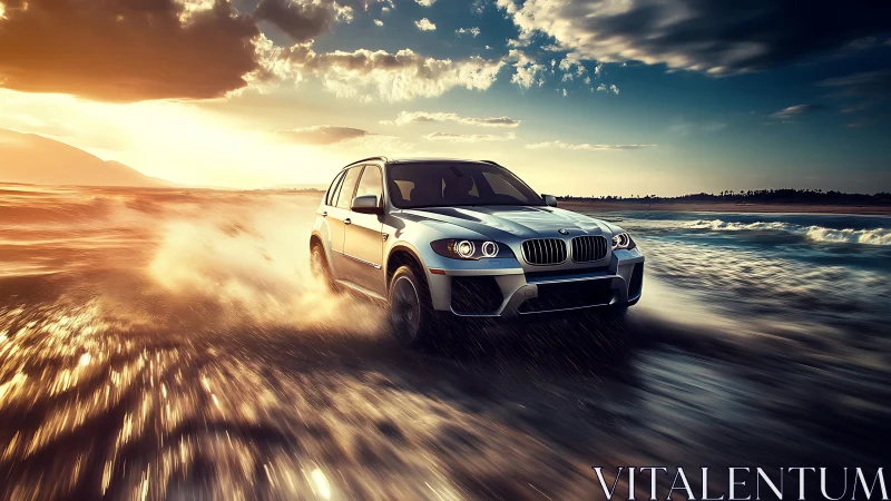 Bold silver SUV charges along a glowing sunset shoreline