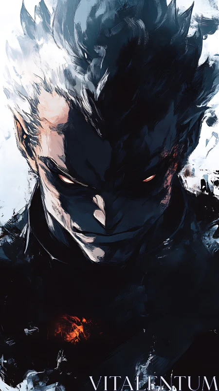 Bifurcated visage with volatile energy core in digital chiaroscuro.