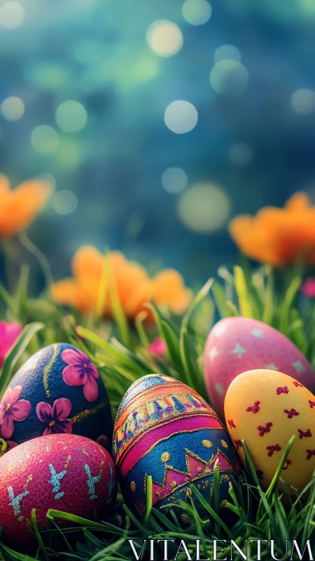 Colorful Easter eggs rest in sunlit grass among spring blooms