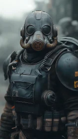 Armored figure in gas mask stands in foggy urban setting