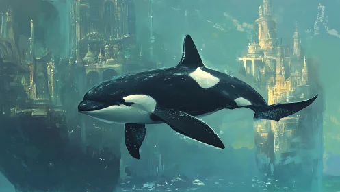 Orca swimming before luminous submerged sci fi citadel towers