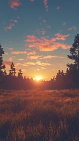 Sunset over grassy meadow with distant conifer treeline.