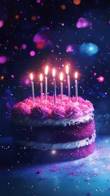 Luminous Birthday Cake Surrounded by Magical Cosmic Light