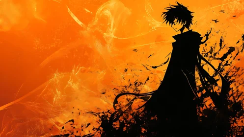 Dark anime silhouette against fiery orange abstract background.