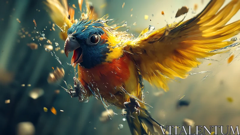 Vibrant Parrot in Flight with Dynamic Water Splash, Digital Art.