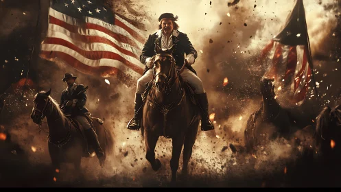 Revolutionary era cavalry charge under American flags.