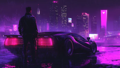 Lone figure observes neon city skyline beside parked car