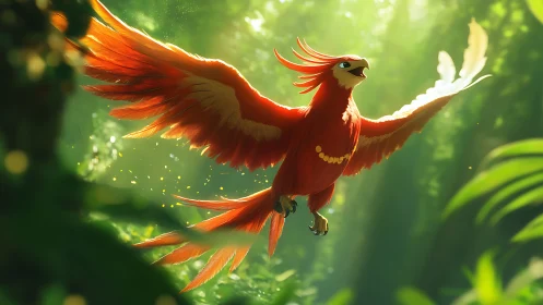 Majestic Red Phoenix Soaring in Sunlit Enchanted Forest, Digital Art.