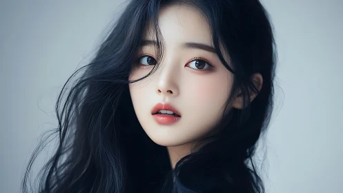 Soft-lit digital portrait of wistful girl in flowing midnight hair.