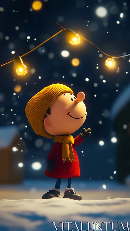 Cartoon child stands in snow under hanging winter lights