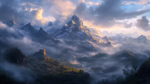Sunlit mountain kingdom wrapped in drifting silver clouds.