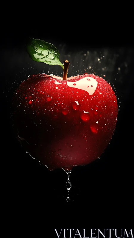 Red apple with water droplets on black background.
