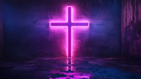 Neon magenta cruciform light in wet concrete chamber environment.