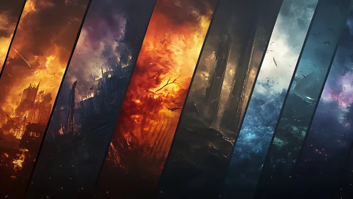 Elemental apocalypse panorama renders cinematic ruined worlds