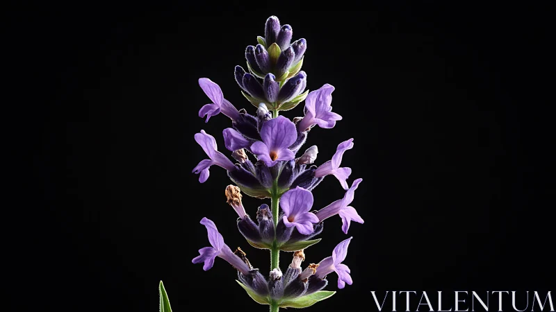 Purple Lupine Flower Spike Against Black Background.