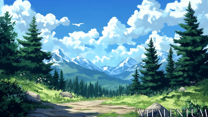 Alpine conifer forest trail under cumulus cloud summer sky