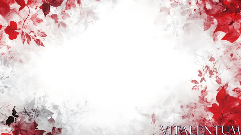 Crimson leaf whispers framing a fog-bright winter hush.