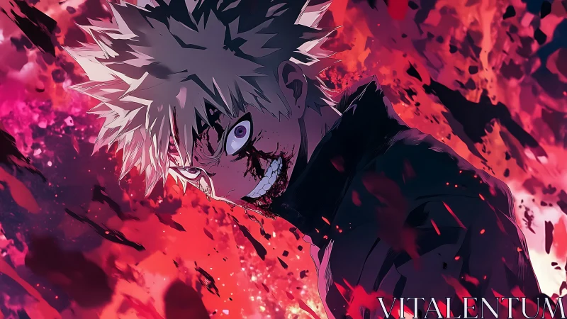 Spiky haired anime figure amid dynamic red explosion field.