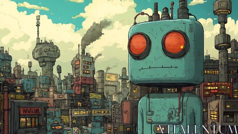 Large blue robot in dense retro-futuristic industrial cityscape.