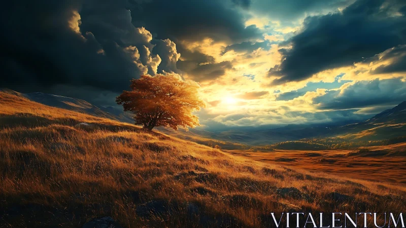 Solitary ember tree holds the last light before the storm