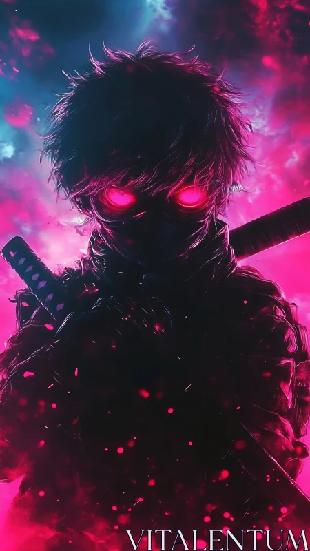 Neon-irradiated cyber shinobi silhouette with dual katanas.