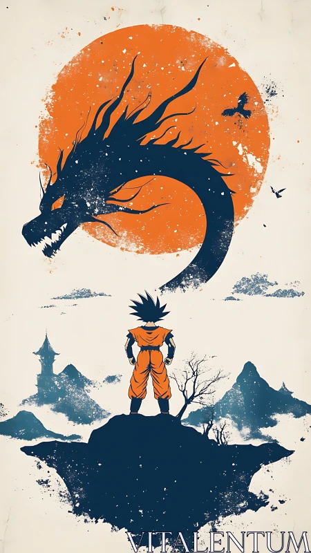 Warrior silhouette facing dragon under bold orange sun.