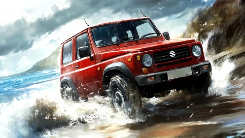 Red compact 4x4 SUV powers through coastal surf with dynamic spray
