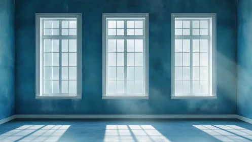 Sunlit triple windows in tranquil blue minimalist room.