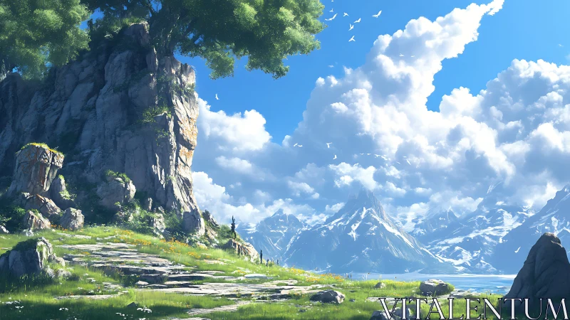 Skyward cliff garden above shimmering alpine mirror.