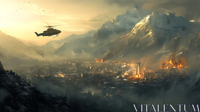 Helicopter surveys burning mountain city at smoky dusk.