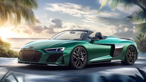 Green Audi convertible rendered as high-gloss coastal digital visual