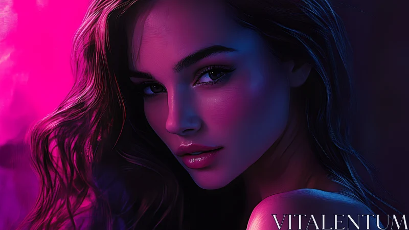 Digital portrait of woman in neon pink and blue light.