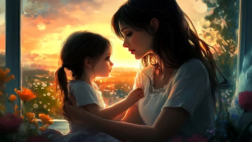 Backlit mother and child rendered with warm volumetric sunset light