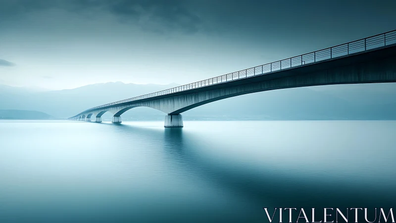 Minimalist modern bridge over calm misty blue water.