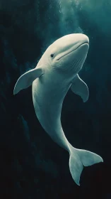 Beluga whale rendered underwater in deep teal environment.