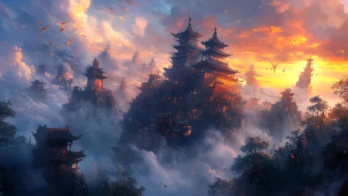 Skybound pagoda citadel burns softly through stormy clouds