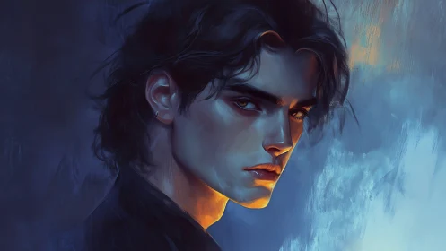 Moody young man glows softly against cool painted night